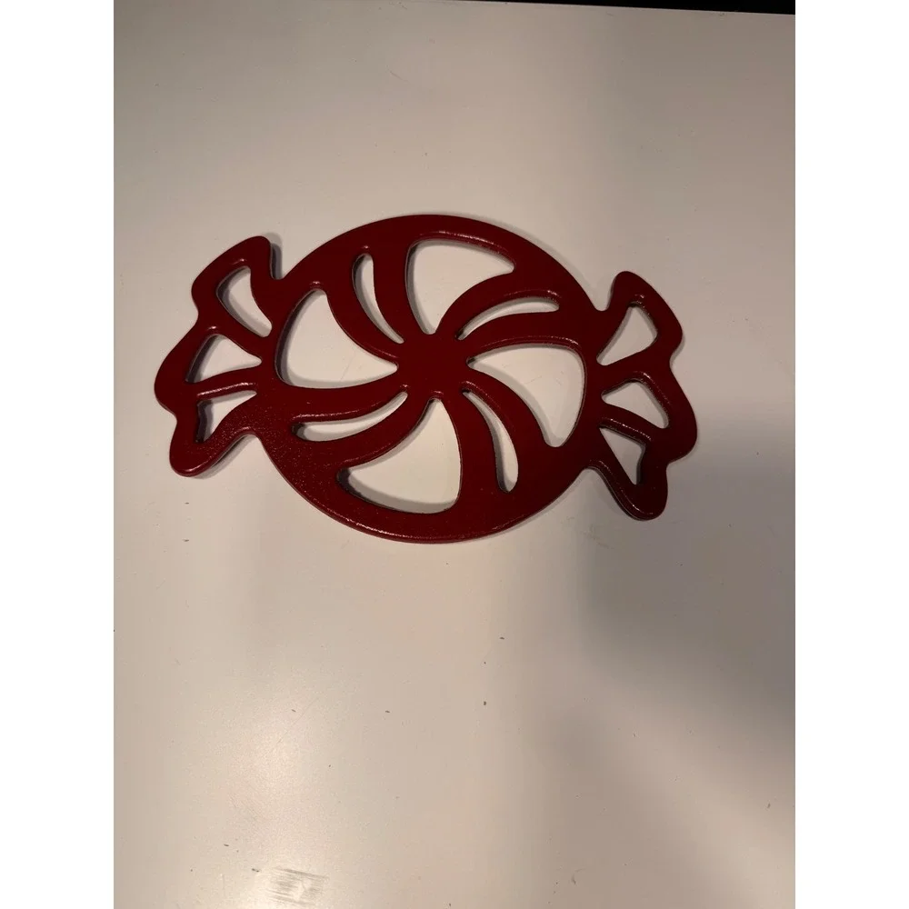 Red Cast Iron Peppermint Candy Trivet Holiday Christmas Kitchen Decor 9.5 Inch